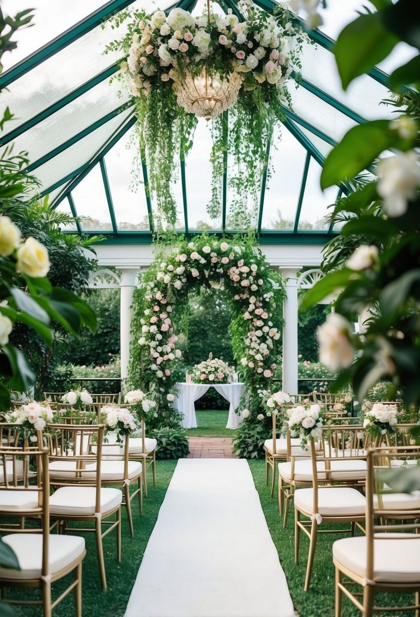 A lush conservatory with cascading greenery, blooming flowers, and elegant seating for a romantic garden wedding ceremony