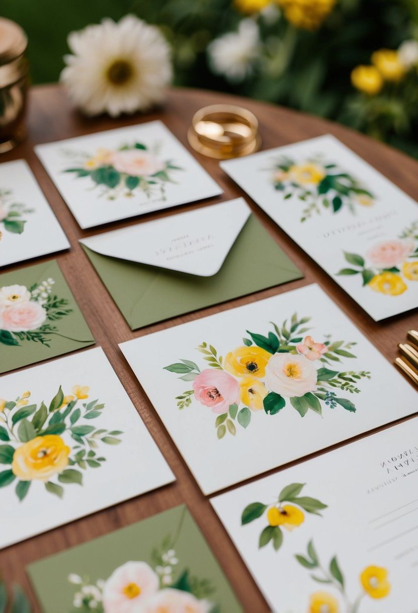 A collection of stationery featuring hand-painted floral illustrations, with a focus on garden wedding themes