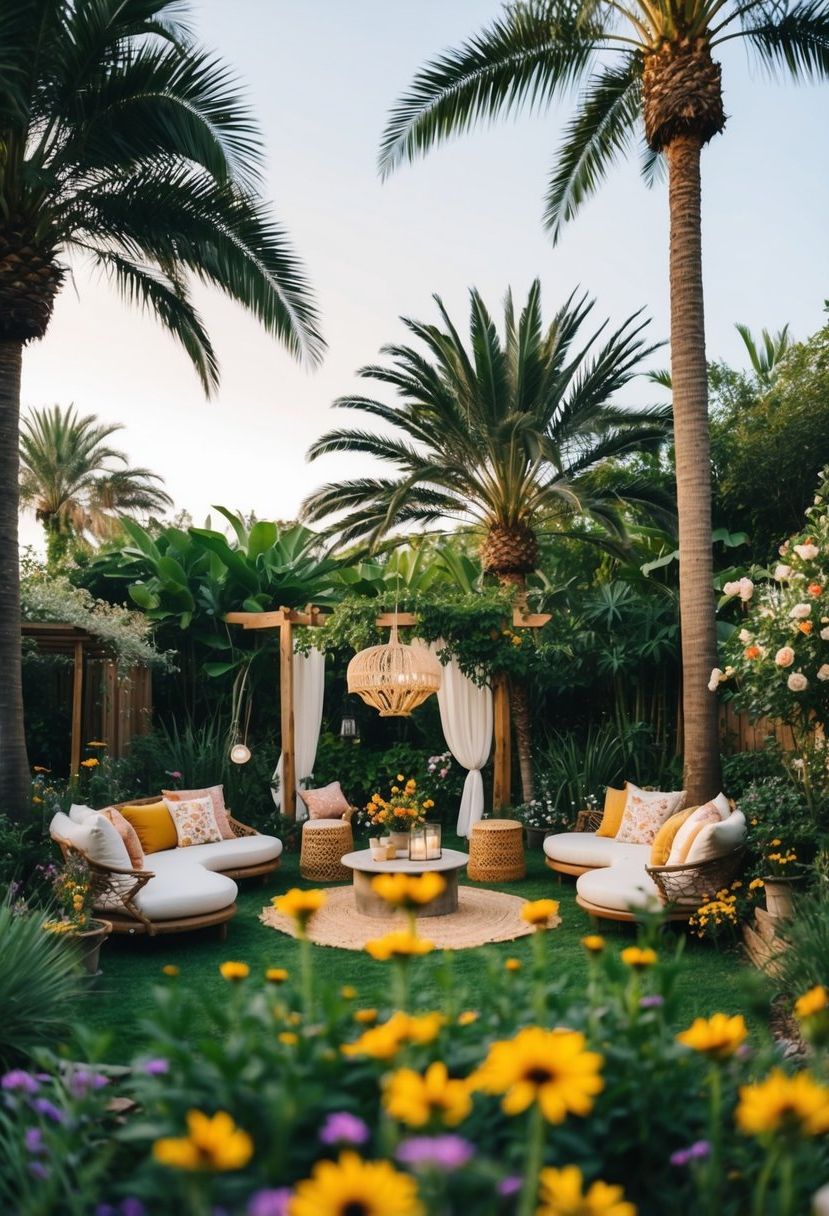 A lush garden with swaying palm trees, vibrant wildflowers, and cozy bohemian seating areas, creating the perfect setting for a romantic wedding