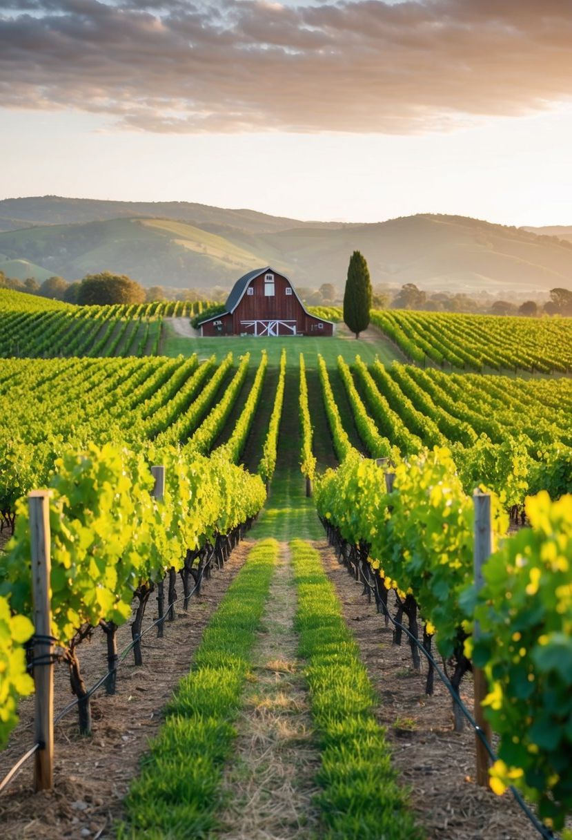 A lush vineyard with rolling hills, rows of grapevines, and a charming rustic barn in the distance