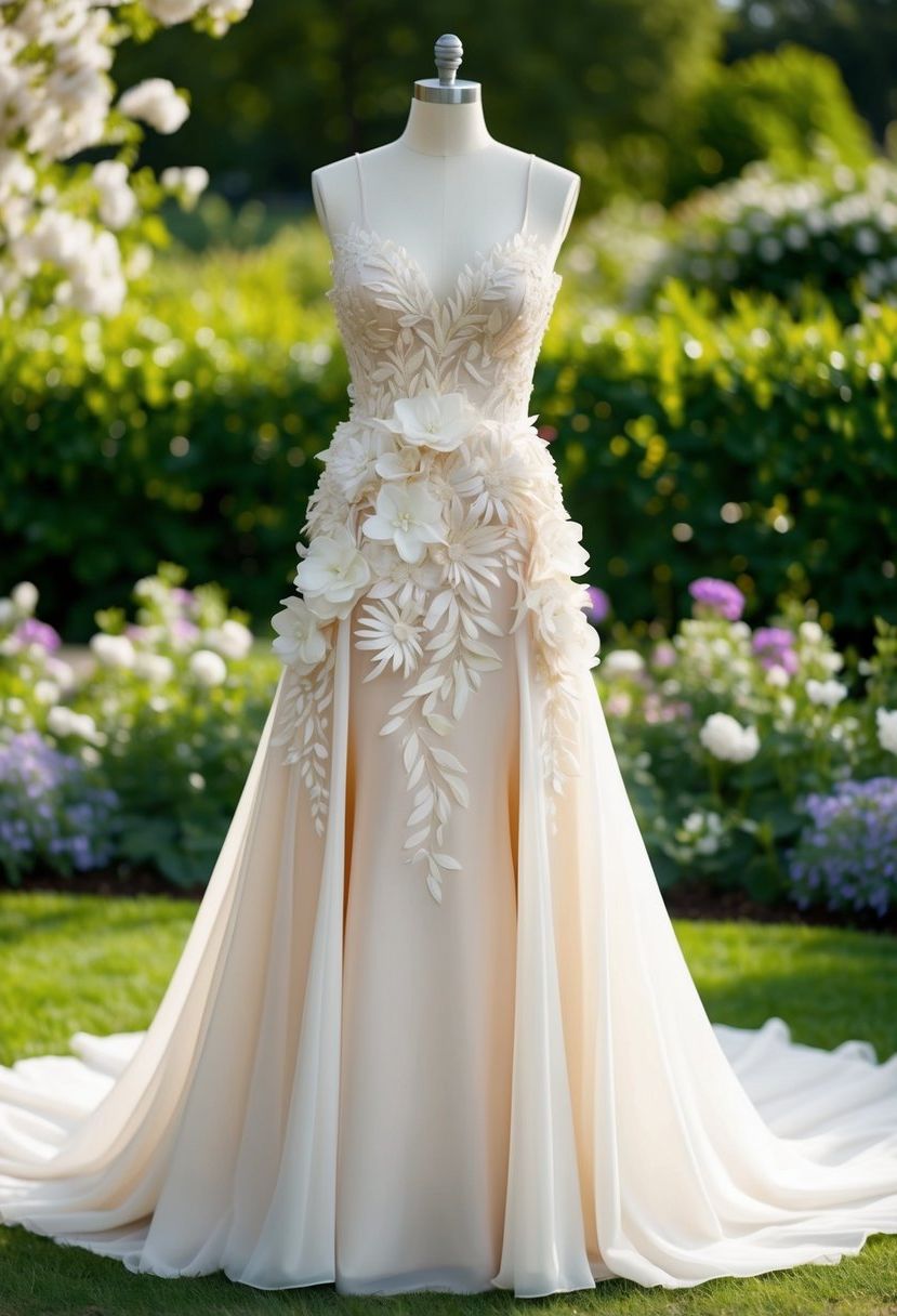 A flowing gown with 3D floral details, set against a backdrop of lush greenery and blooming flowers at a garden wedding