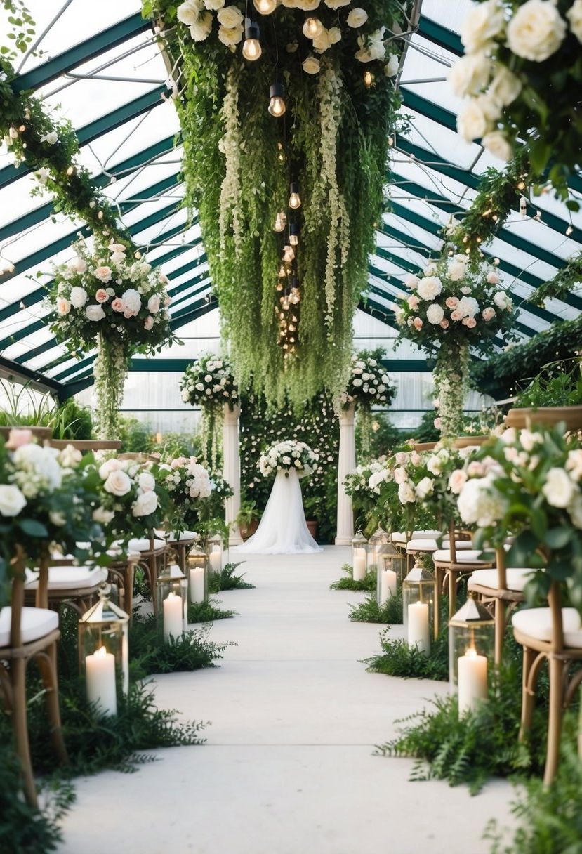A lush greenhouse with cascading greenery, blooming flowers, and twinkling lights, set up for a romantic garden wedding ceremony