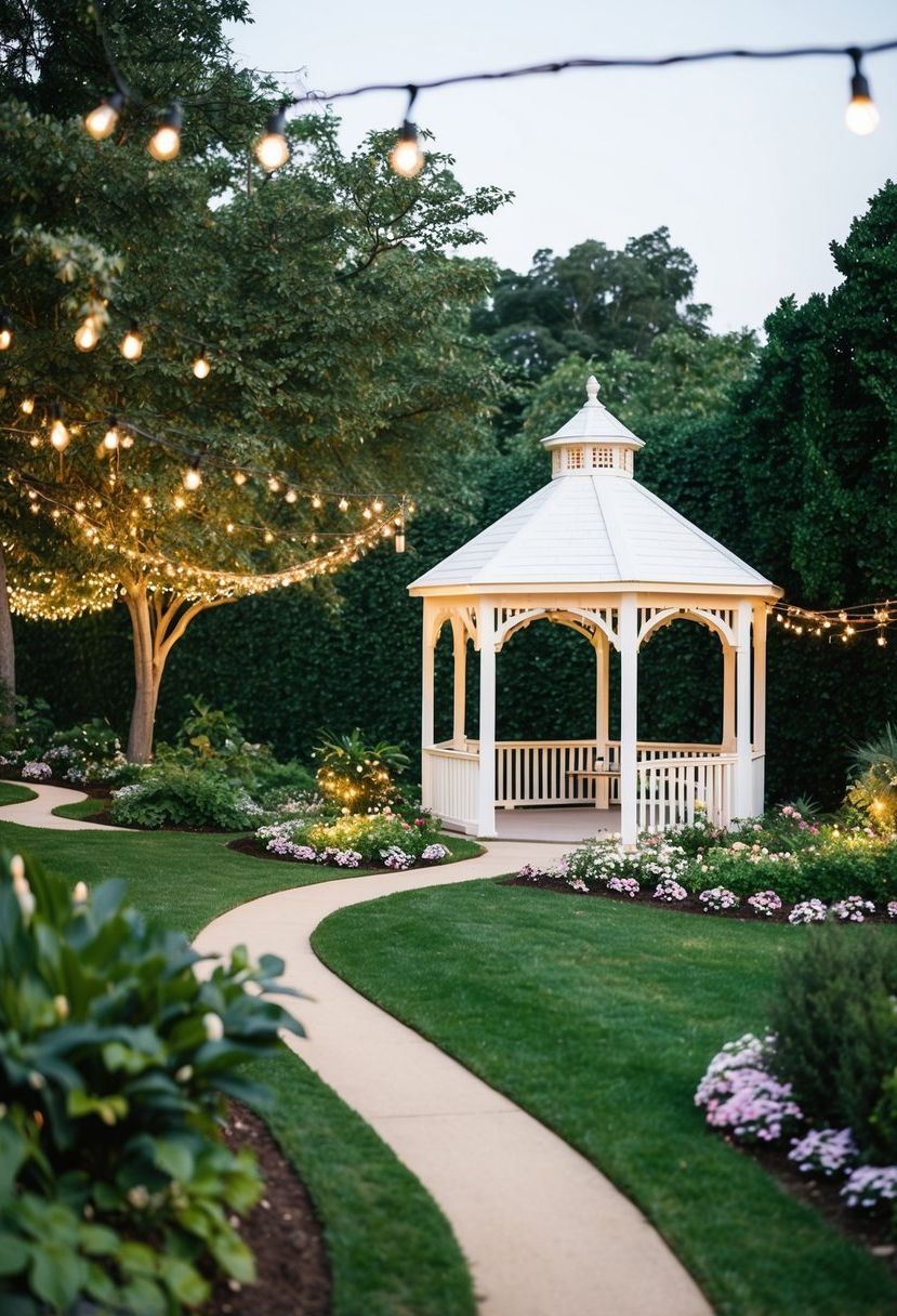 A lush garden with a white gazebo adorned with flowers, a winding path, and twinkling lights strung through the trees for a romantic wedding setting
