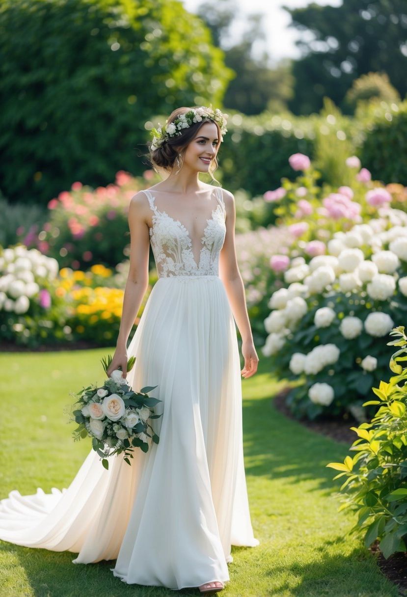 A bride with a flowing white gown and a floral hairpiece stands in a lush garden, surrounded by blooming flowers and greenery