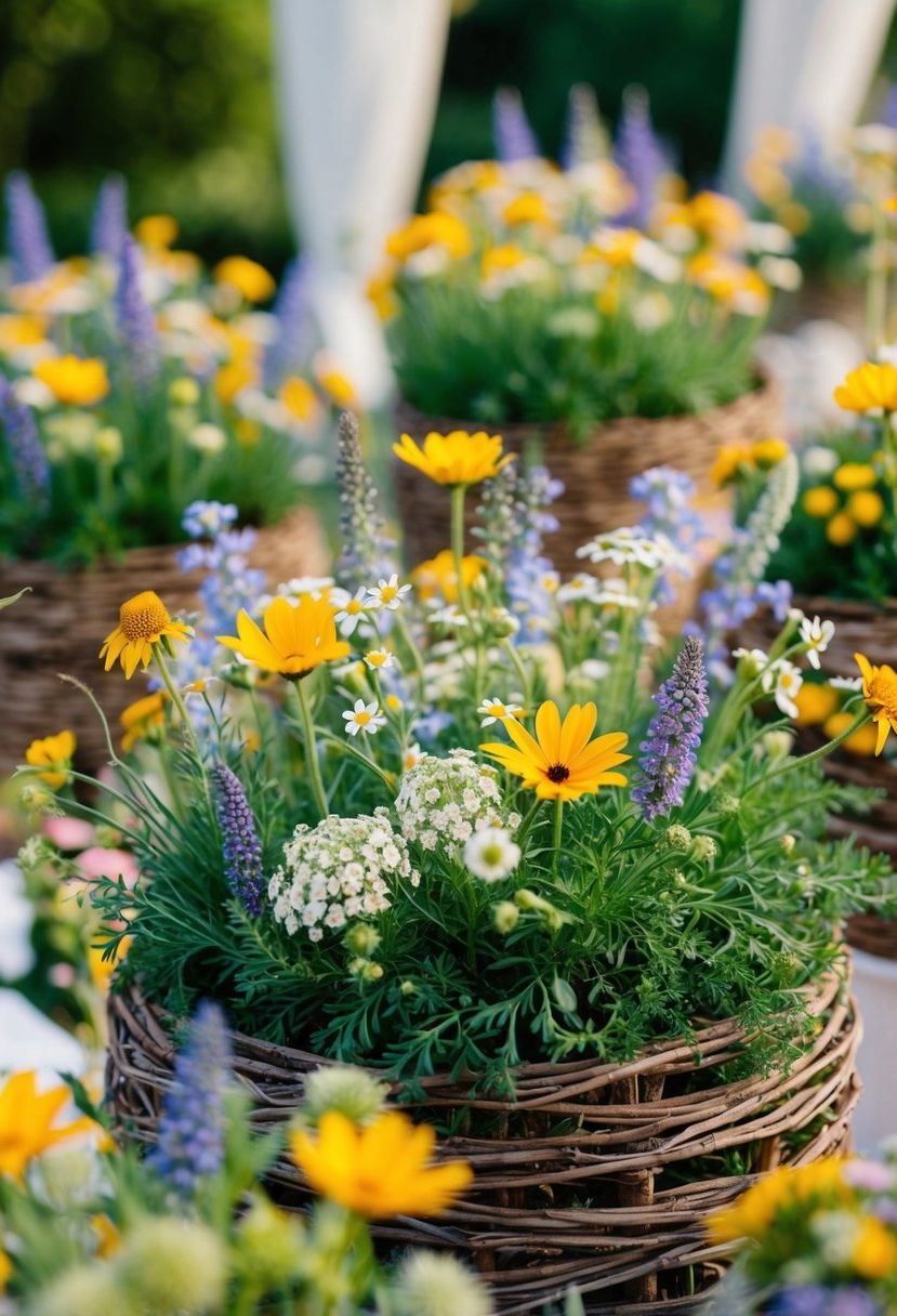 Wildflowers woven into garden arrangements for a wedding, creating a whimsical and romantic scene