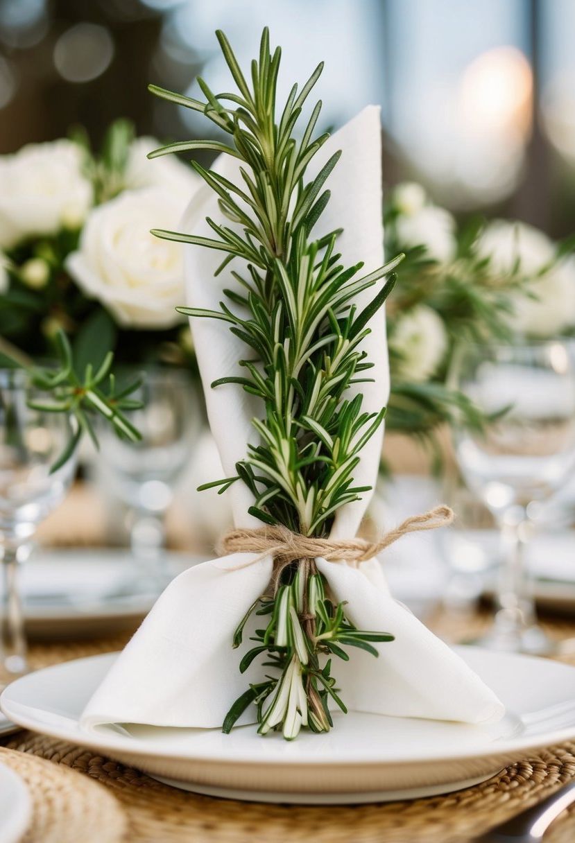 Rosemary sprigs tied around napkins, adorning wedding tables