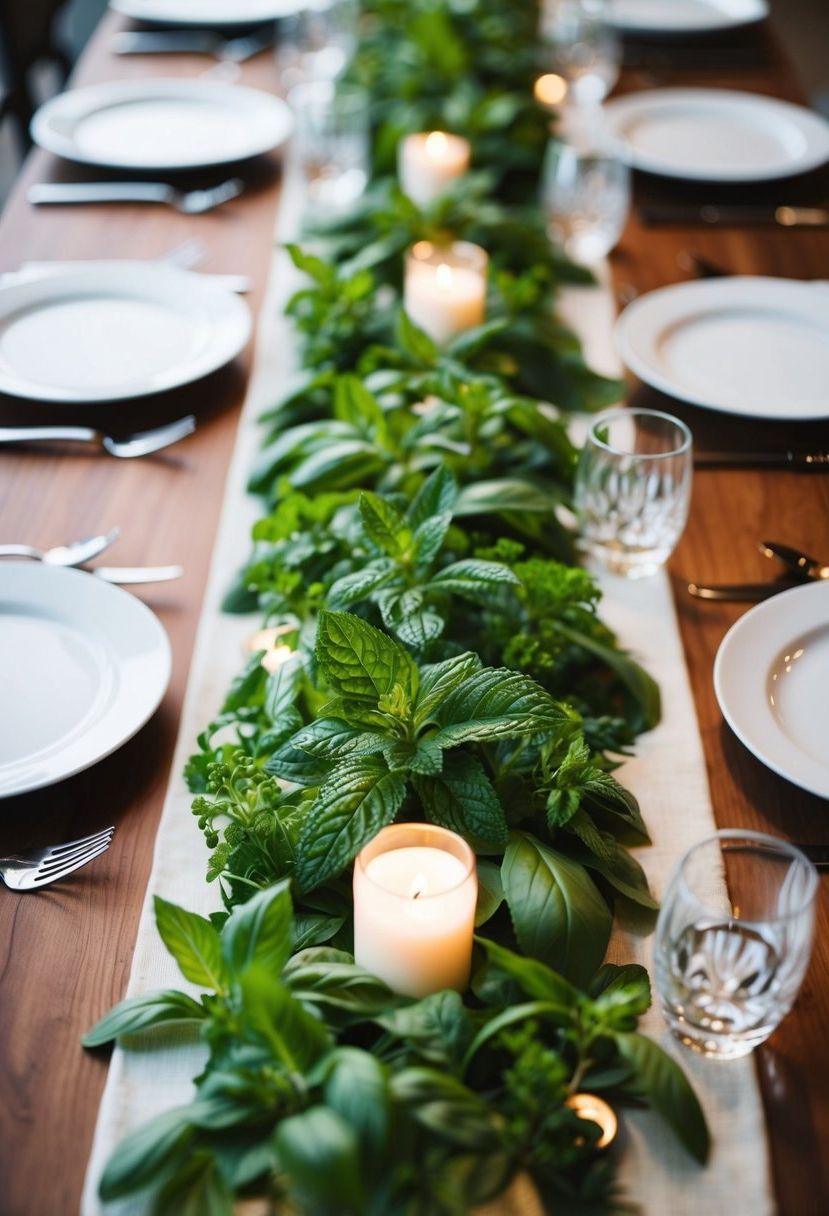 A table adorned with mint and basil runners, creating a fresh and aromatic wedding centerpiece