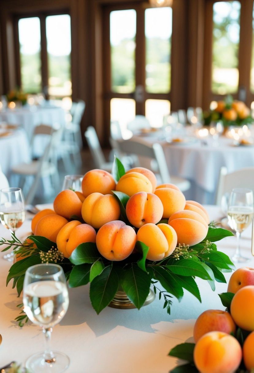 A table adorned with fresh apricot fruit arrangements for a wedding centerpiece
