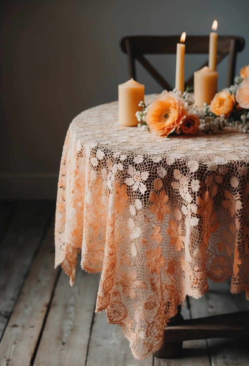 A vintage apricot lace tablecloth draped over a rustic wooden table, adorned with delicate apricot flowers and candles