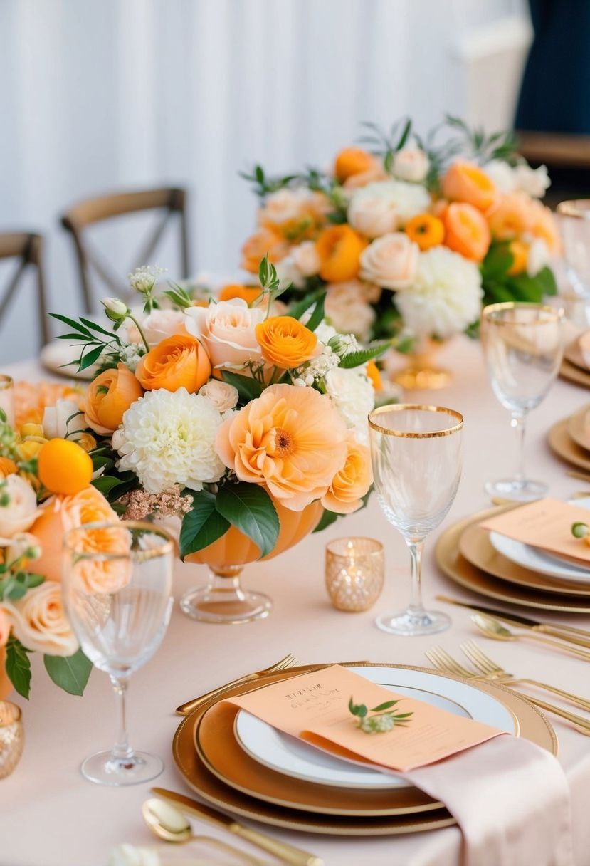 An elegant apricot-themed wedding table set with fresh flowers, delicate linens, and golden accents