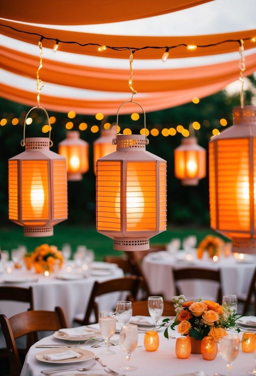 Apricot-tinted lanterns casting warm light over wedding tables adorned with apricot decorations