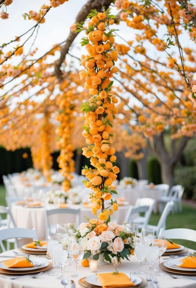 An apricot blossom garland drapes over a wedding table, surrounded by delicate floral arrangements and elegant place settings