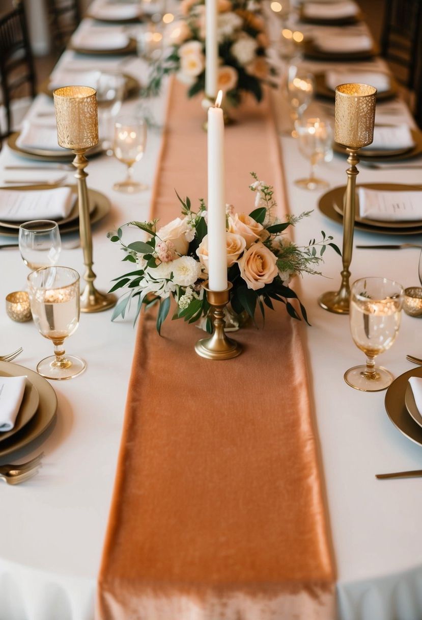 Apricot velvet table runners draped across a wedding reception table, adorned with delicate floral centerpieces and golden candle holders