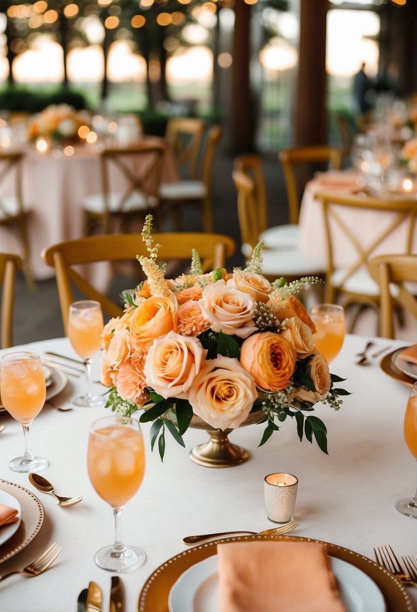 A table adorned with warm apricot and peach floral centerpieces for a wedding celebration