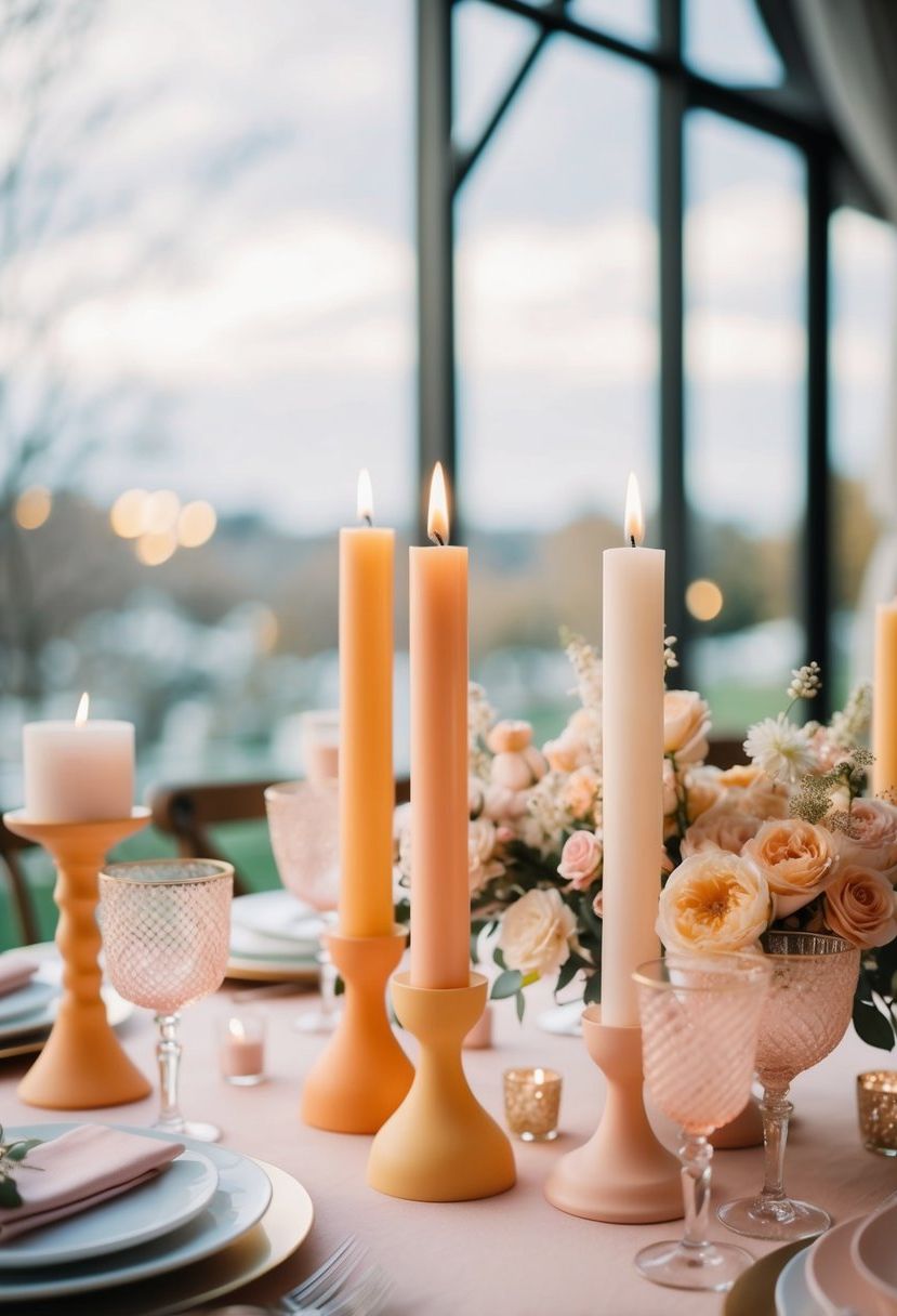 Apricot and blush pink candle holders arranged on a wedding table with delicate floral decorations
