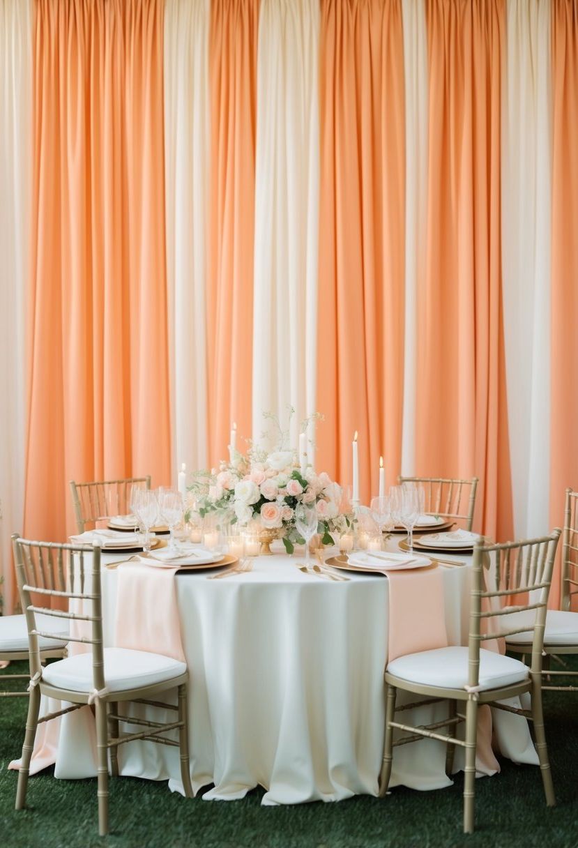 Apricot and cream drapery cascading over a wedding table, adorned with delicate floral arrangements and soft candlelight