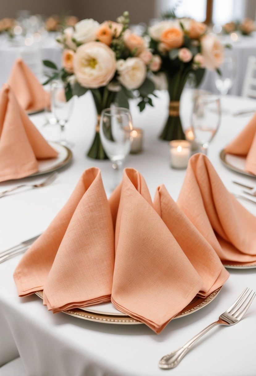 Delicate apricot linen napkins arranged in an elegant display on a wedding reception table, complemented by matching floral centerpieces