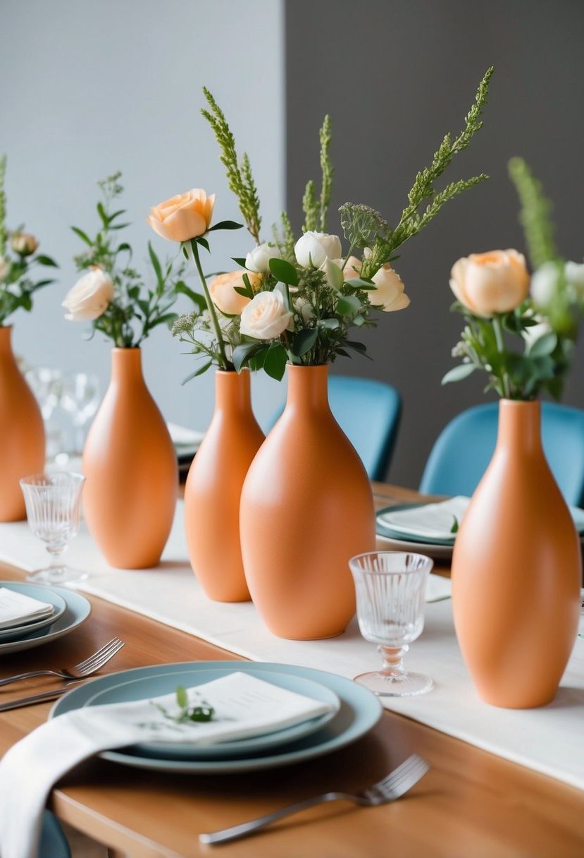 A simple, modern table setting with apricot ceramic vases as wedding centerpieces