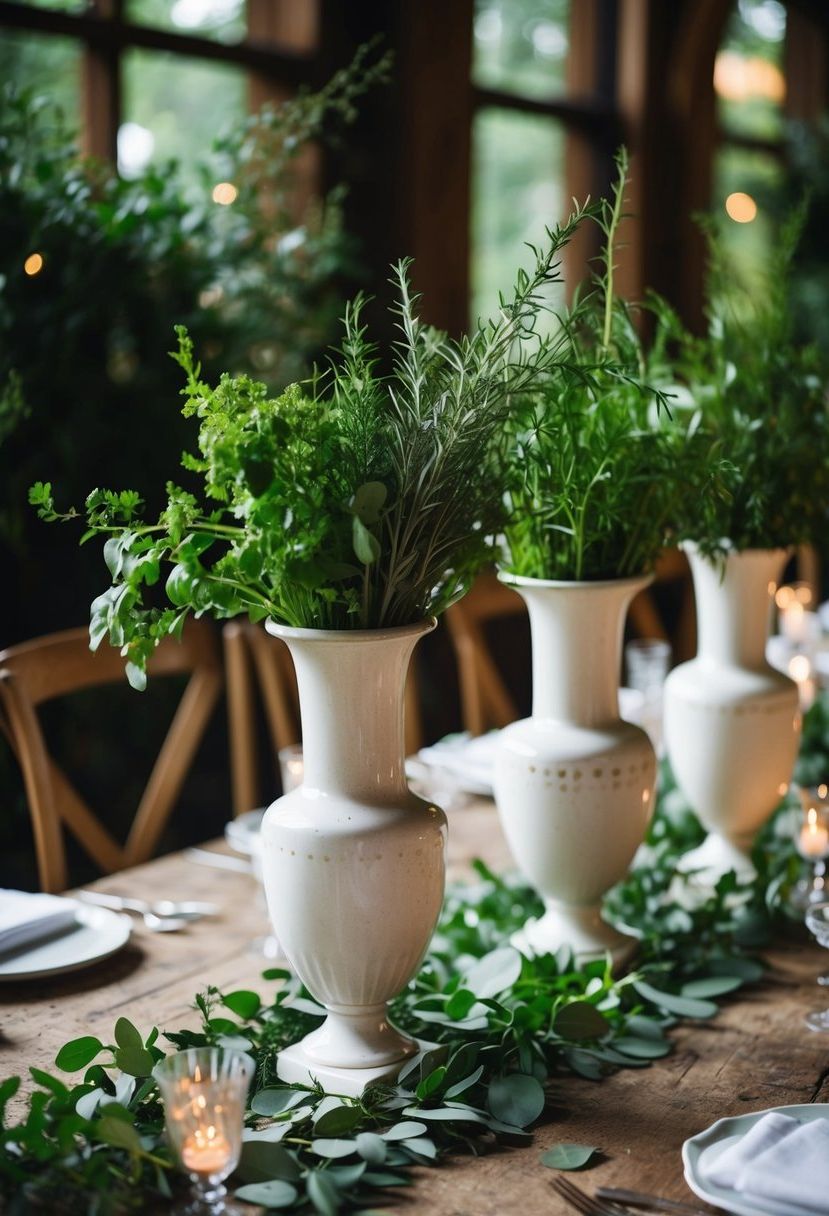 Vintage vases hold herb arrangements on a rustic wedding table, surrounded by greenery