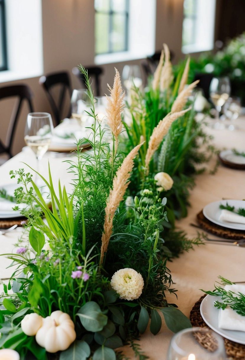 Lush, vibrant herb and wild grass centerpieces adorn a wedding table, creating a natural and elegant atmosphere