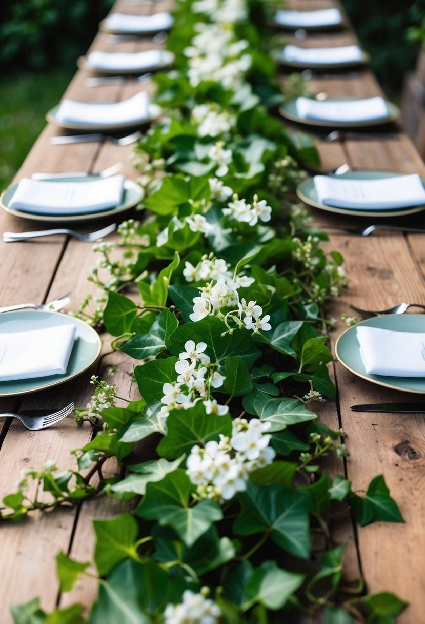 Lush ivy cascades down the length of rustic wooden table runners, interwoven with delicate white blooms and trailing greenery