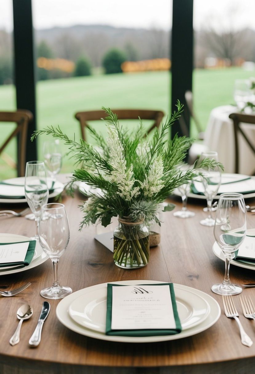 A table set with lambs ear greenery as wedding decorations