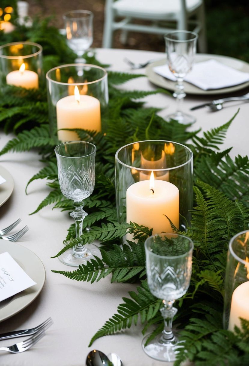 A table set with lucite candle holders adorned with lush green ferns for a wedding centerpiece
