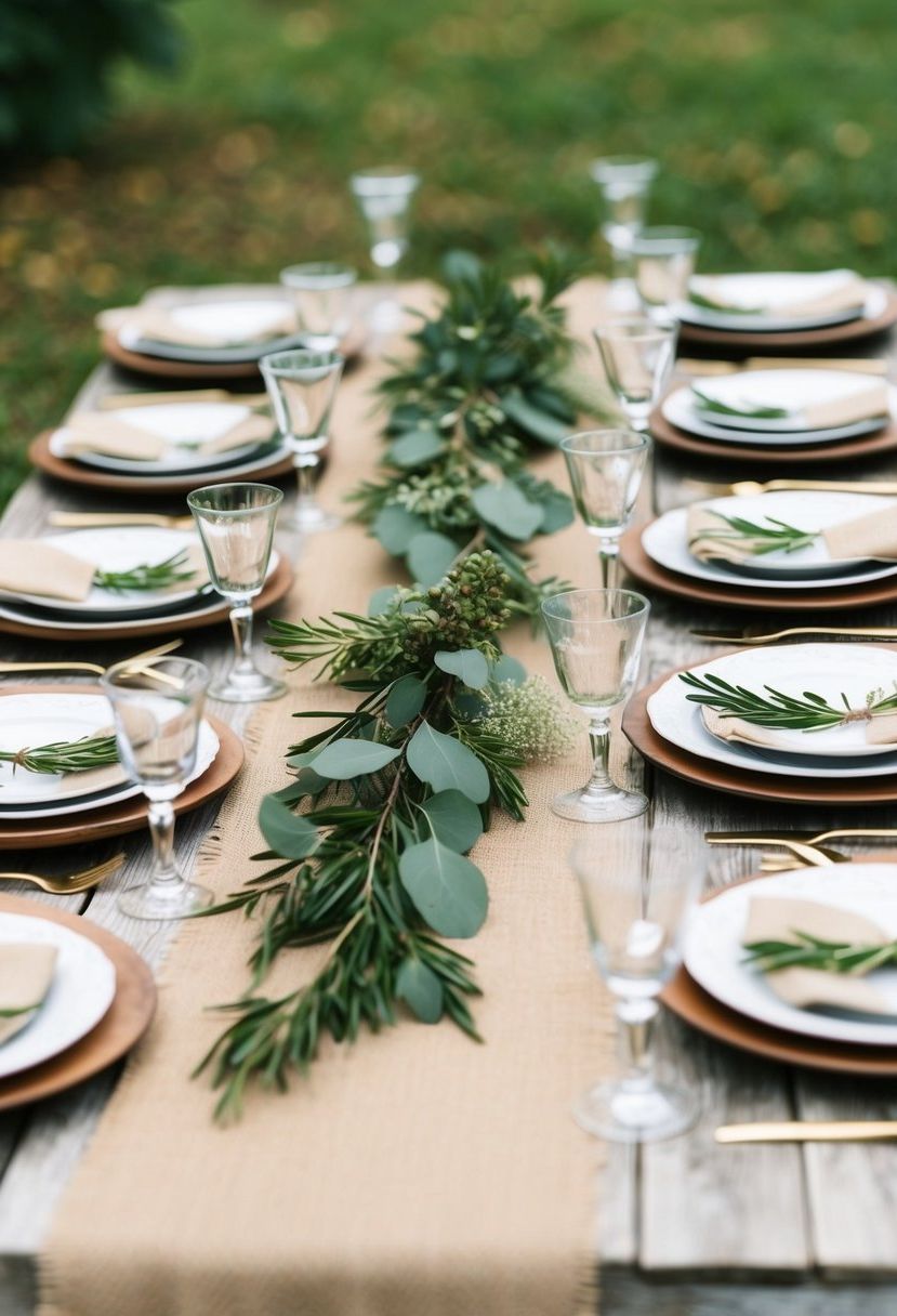 A rustic table set with burlap runners and scattered greenery