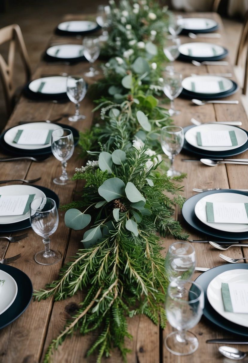 A rustic wooden table adorned with rosemary-infused greenery settings, including eucalyptus, ferns, and other foliage, creating an elegant and natural wedding table decoration