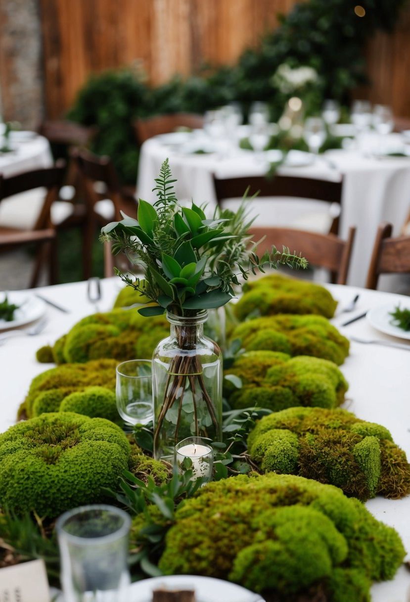A rustic wedding table adorned with lush green moss and natural greenery