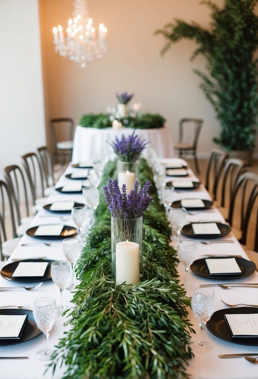 A table adorned with boxwood and lavender arrangements, creating a lush and elegant wedding centerpiece