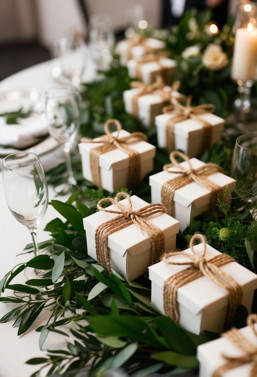 Twine-wrapped favor boxes nestled among lush greenery on a wedding reception table