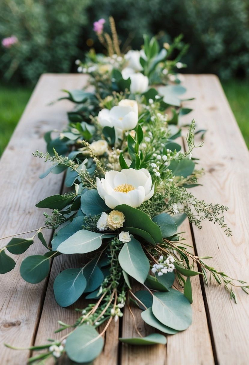 A rustic wooden table adorned with eucalyptus and wildflower mix greenery, interspersed with delicate blooms and foliage