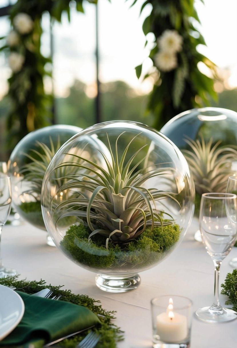 Lush air plants inside clear glass orbs adorn a wedding table, adding a touch of natural elegance to the decor