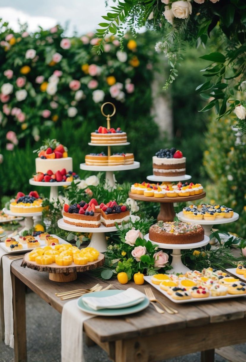 A lush garden-inspired dessert spread with an array of colorful pastries, cakes, and fruits displayed on rustic wooden tables adorned with fresh flowers and greenery