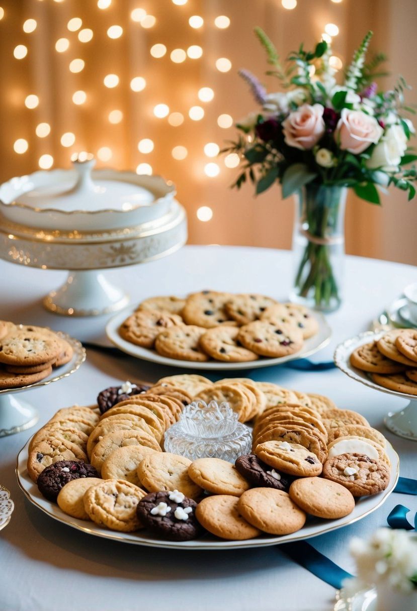 A platter of assorted cookies arranged on a table with decorative wedding-themed elements such as flowers, ribbons, and elegant serving dishes