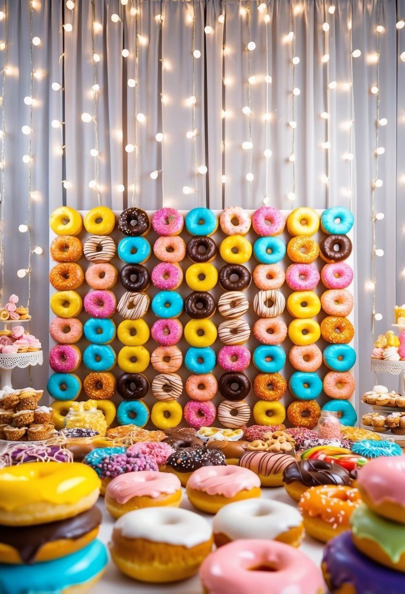 A colorful donut wall stands against a backdrop of twinkling lights, surrounded by a variety of decorative sweets and treats
