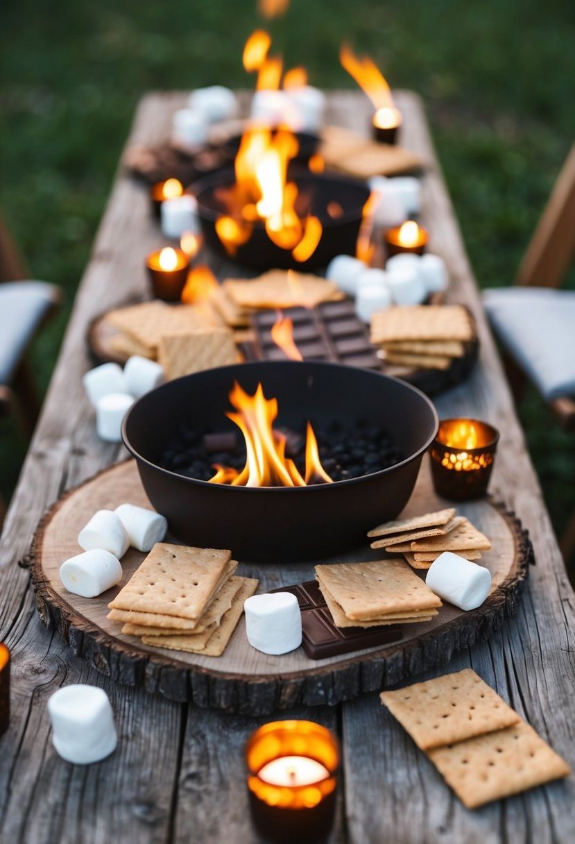 A rustic wooden table adorned with a variety of s'mores ingredients, including graham crackers, marshmallows, and chocolate bars. A small fire pit or candles provide the means for guests to roast their own marshmallows