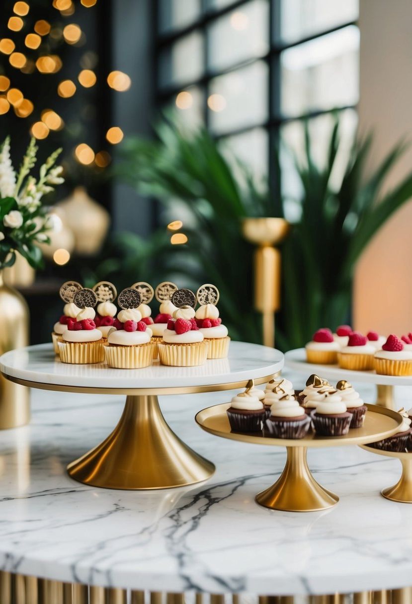 A marble and gold dessert table with modern decor and elegant desserts