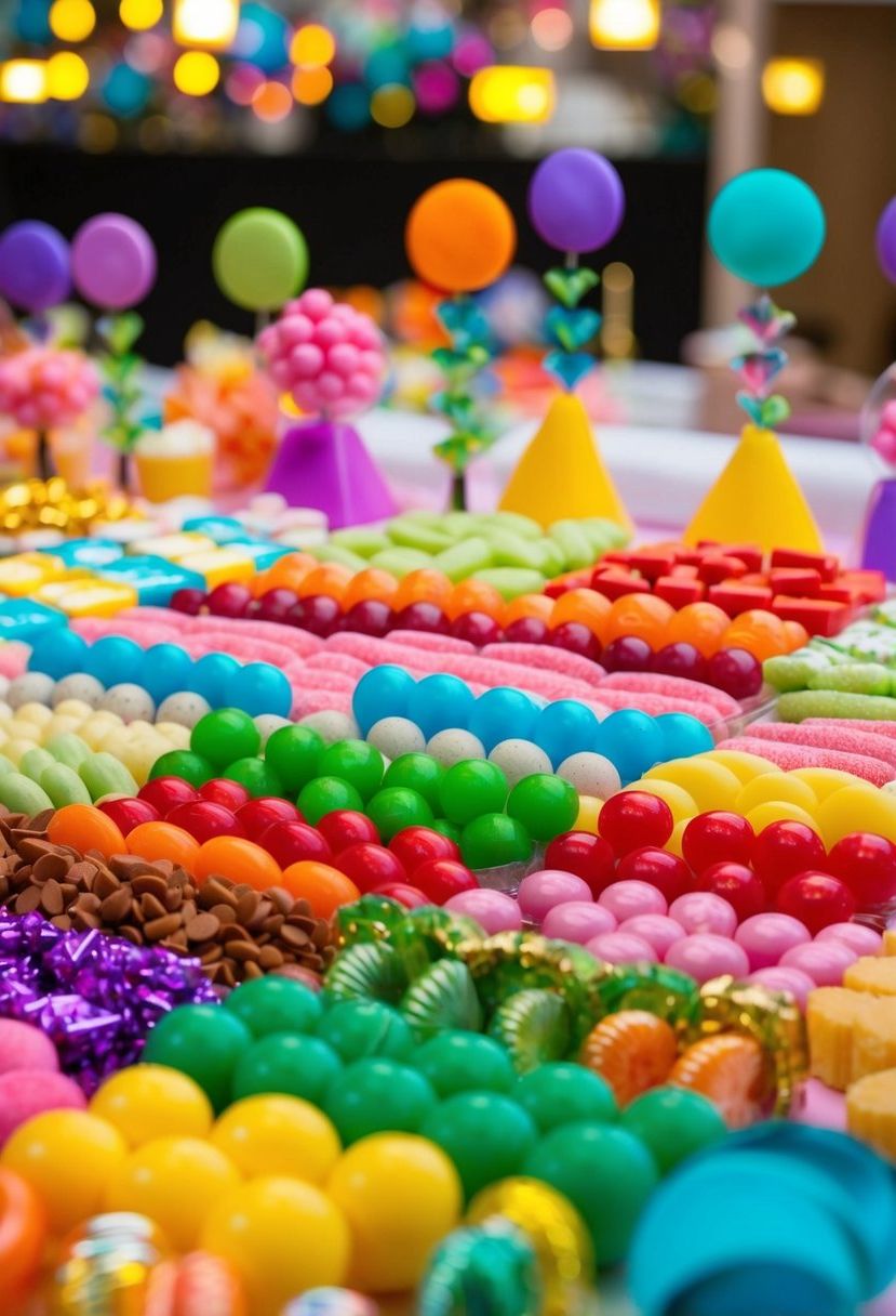 A colorful array of candies and sweets arranged on a table, with coordinating colors and decorative accents