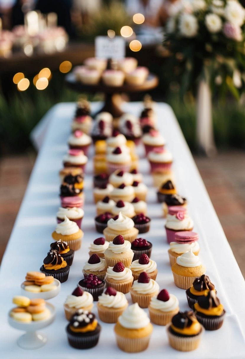 A variety of handheld desserts arranged on a table for a wedding sweet table, including cupcakes, macarons, and mini tarts