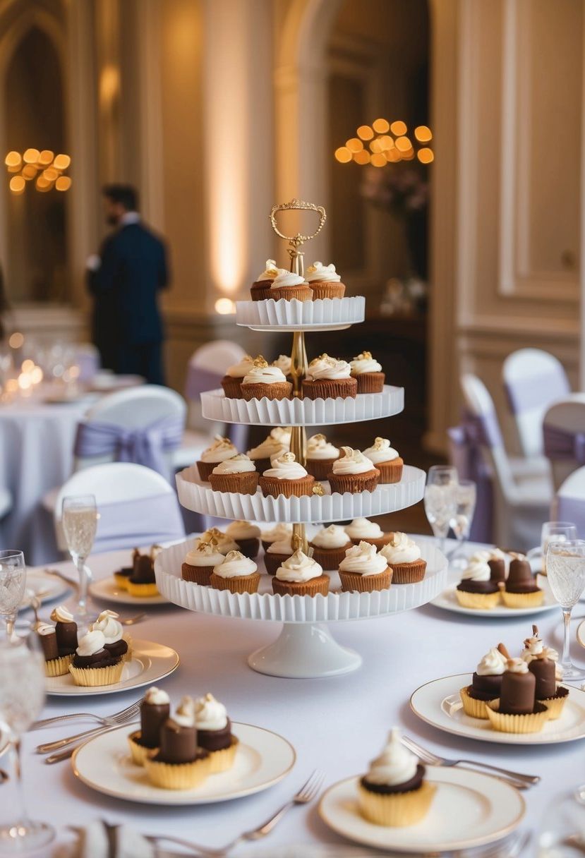 An elegant table adorned with ruffled serveware filled with wedding sweet treats