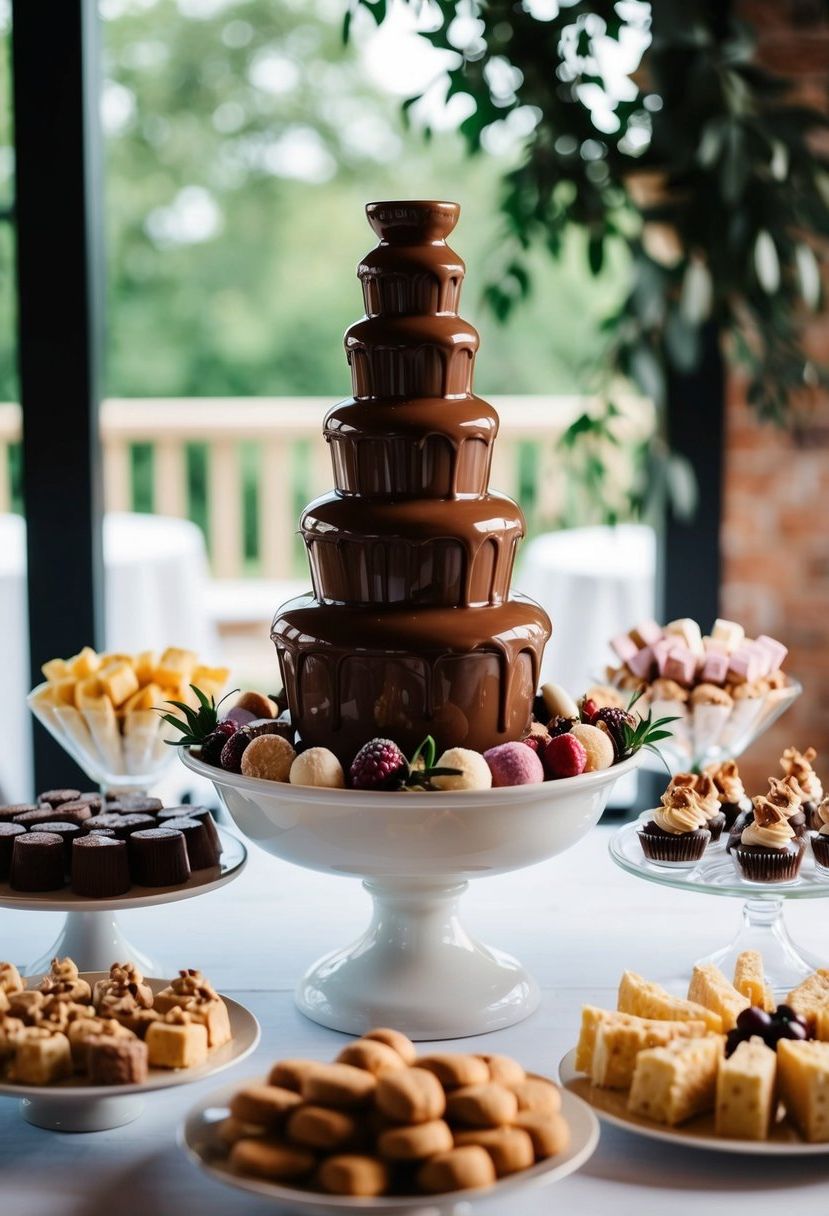 A decadent chocolate fountain surrounded by assorted sweets and treats, elegantly displayed on a wedding dessert table