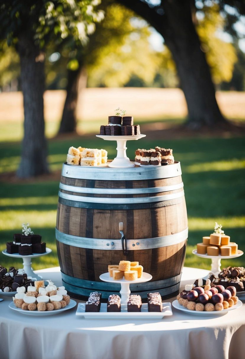 A rustic wine barrel setup with assorted sweets and desserts for a wedding sweet table