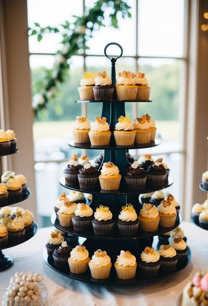 A classic cupcake display on a wedding sweet table, featuring a variety of beautifully decorated cupcakes arranged on tiered stands