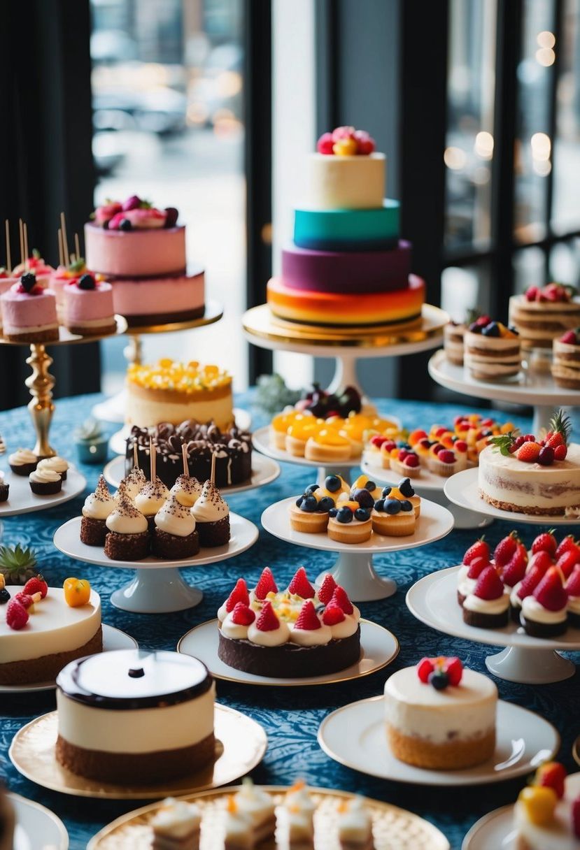 A decorative table with an assortment of colorful and elegant desserts, cakes, and pastries arranged in an aesthetically pleasing manner