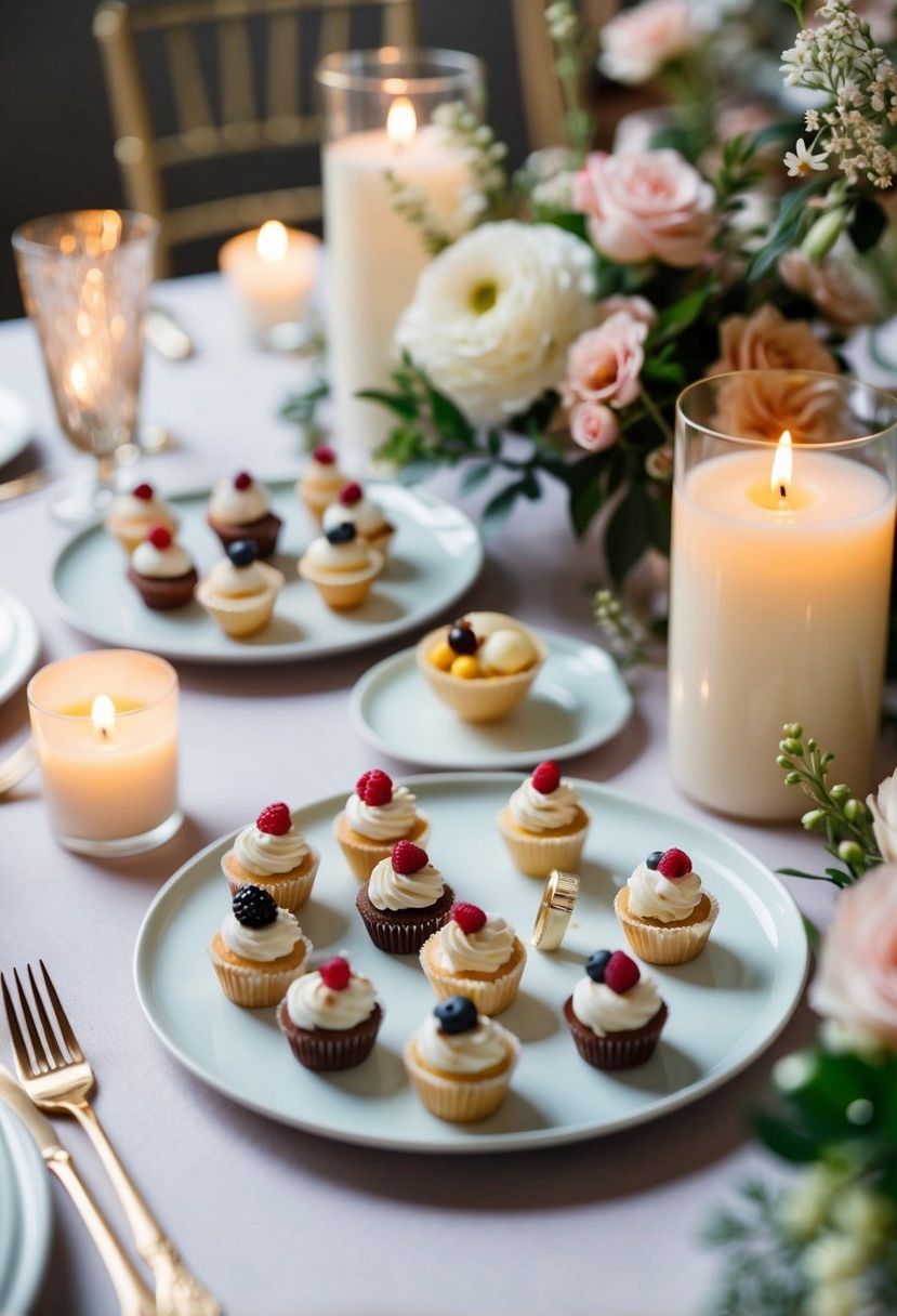 A table adorned with a variety of elegant mini dessert shots, surrounded by delicate floral arrangements and soft candlelight