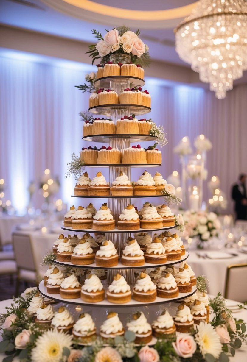 A towering display of ornate pastries and desserts arranged on a table, adorned with delicate flowers and elegant decor for a wedding celebration