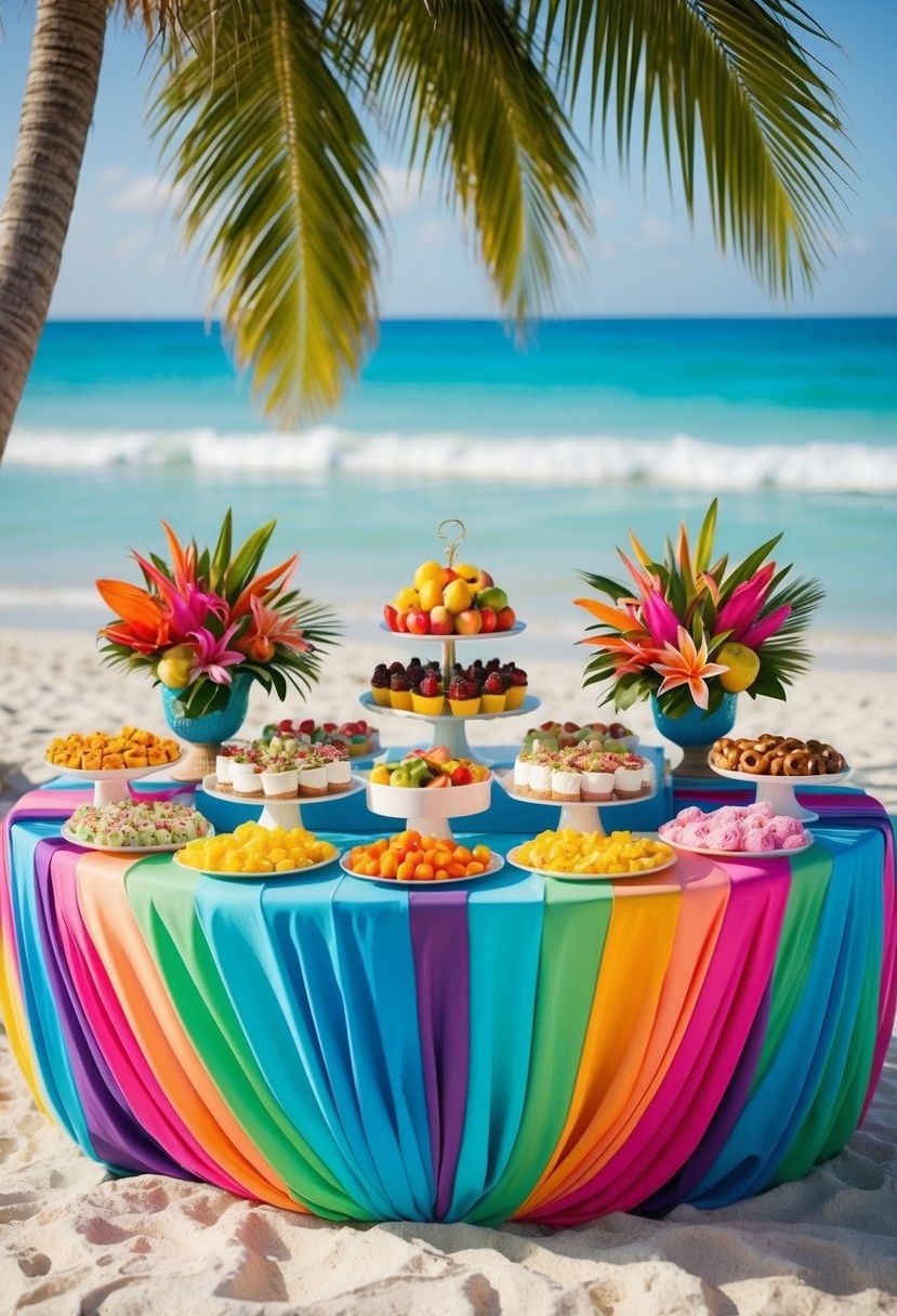 A colorful buffet table set on a tropical beach, adorned with an array of sweet treats, fruits, and tropical flowers
