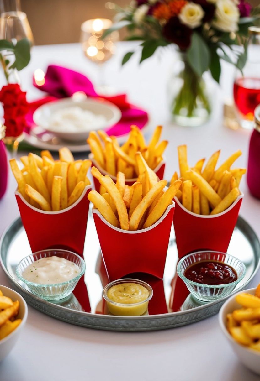 A festive wedding snack table with French fry cups, condiments, and decorative accents